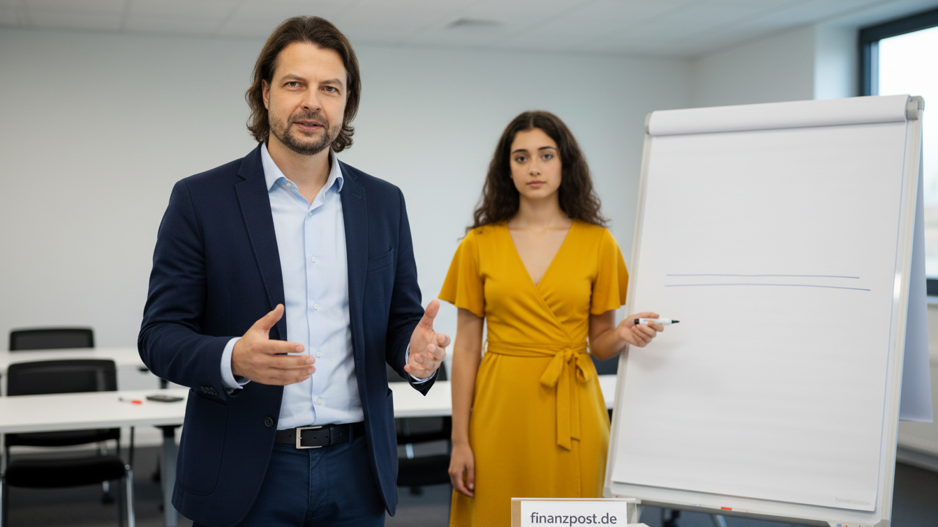 Maik Marx und Lia im Risikoprofil-Workshop am gelben Flipchart