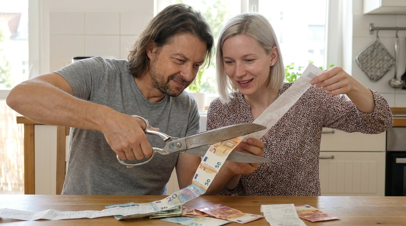 Ein Paar kürzt mit einer großen Schere einen Streifen aus Rechnungen, daneben Euro-Münzen